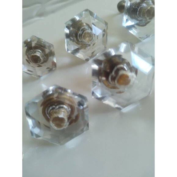Vintage Cut Glass Drawer Pulls 1 1/4" Hexagonal Brass Inserts (lot of 11) - Picture 9 of 13